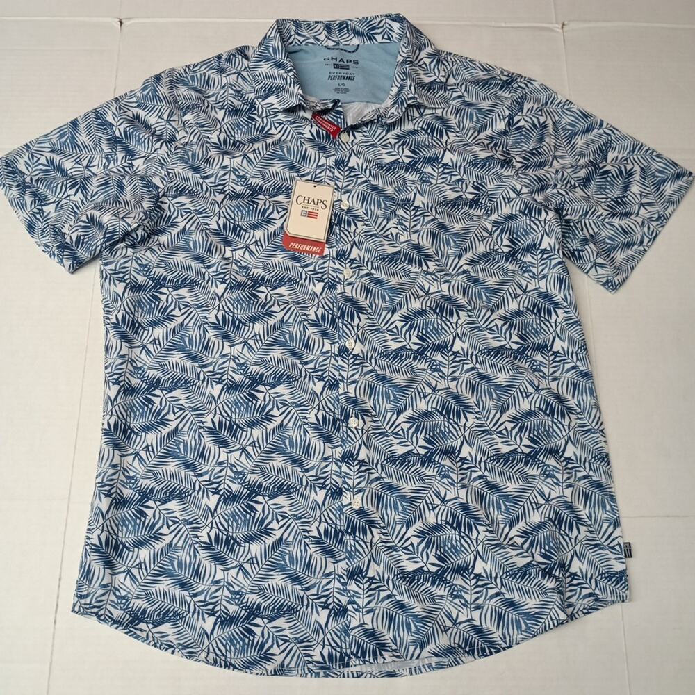 Chaps Woven Shirt Men's Size L Blue Floral Stretch UPF 50